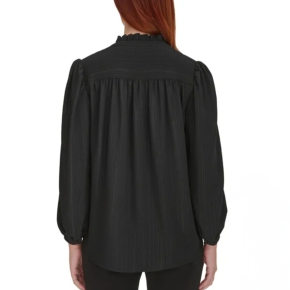 DKNY Women's Lurex Blouse Black Long Sleeve Ruffle Top Medium NWOT - Picture 11 of 12
